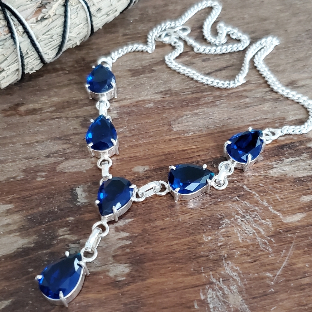 sterling silver 925 blue stone teardrop necklace